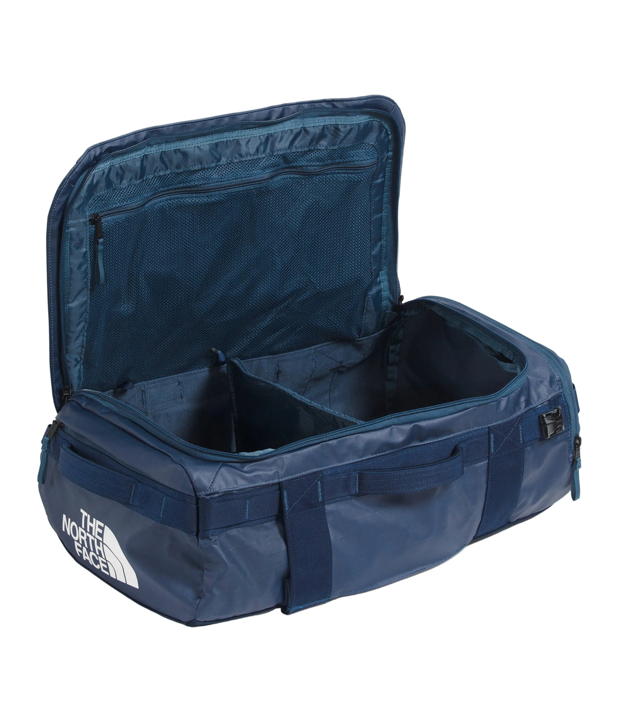 The North Face Base Camp Voyager Duffel 32L Shady Blue - worn as backpack demonstrating versatile carry options