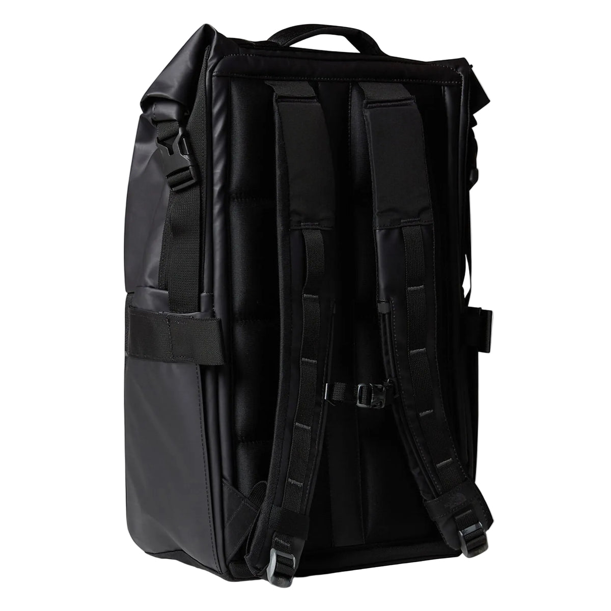 The North Face Base Camp Voyager Roll Top Backpack back panel with padded shoulder straps and comfortable foam construction
