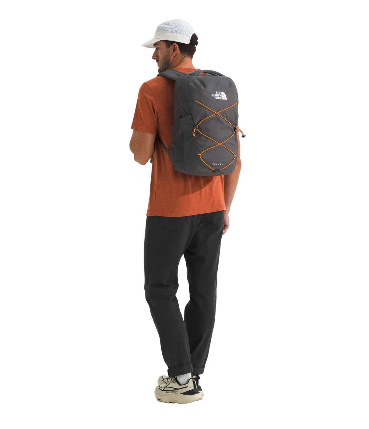 The North Face Jester 28L Backpack Anthracite Grey - side profile showing water bottle pockets and 360-degree reflectivity