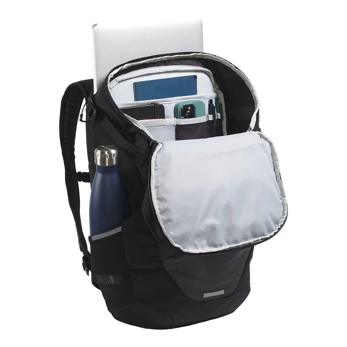 Interior view of The North Face Kaban LTE Backpack showing fleece-lined laptop compartment and organisational pockets