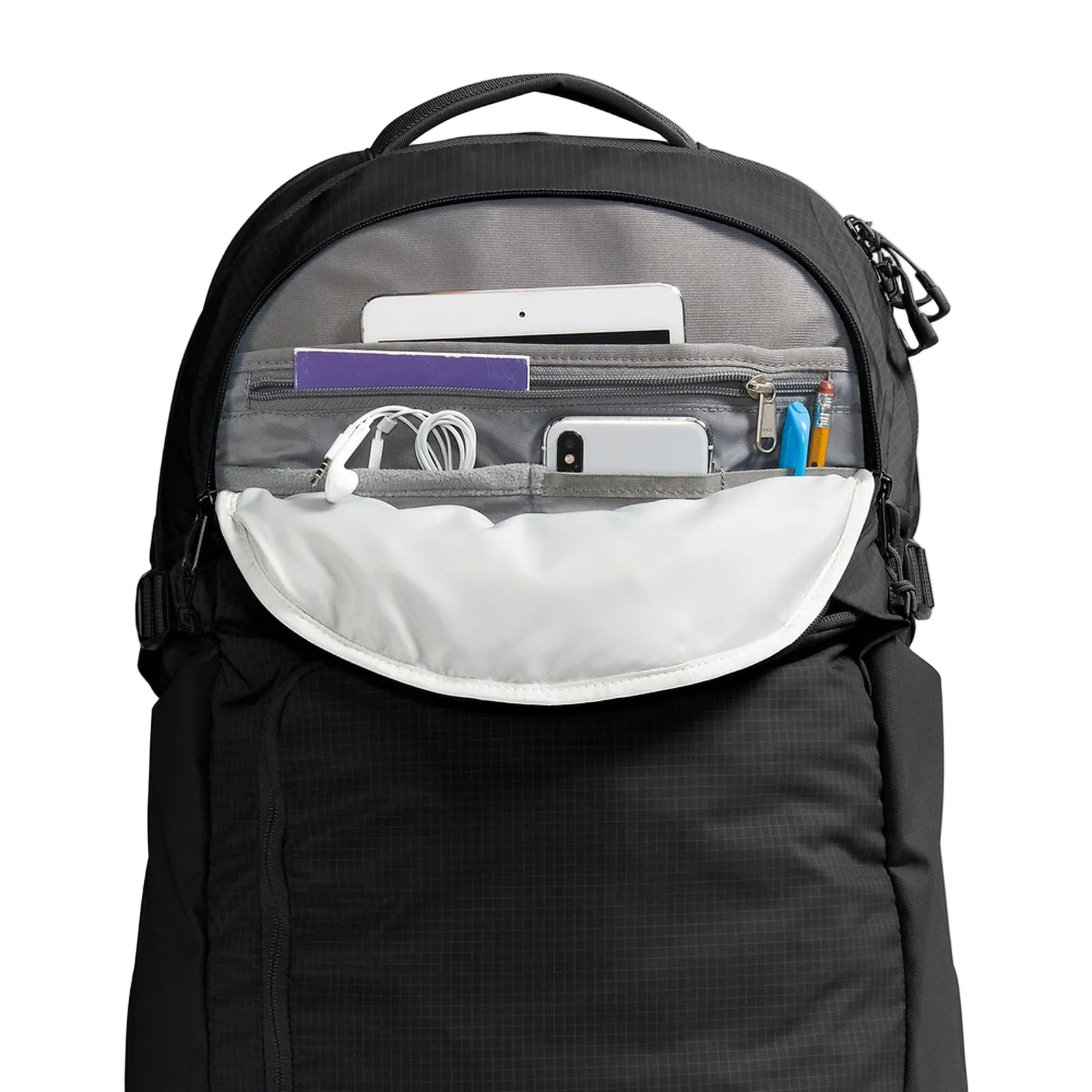 Close-up detail of The North Face Router Backpack showing YKK zippers and premium construction