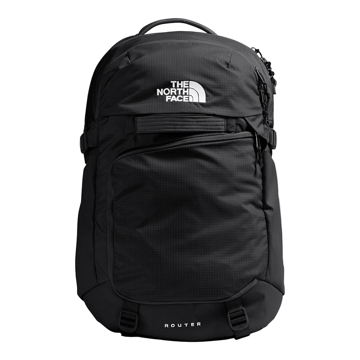 The North Face Router Backpack 40L in black showing front compartments and FlexVent suspension system