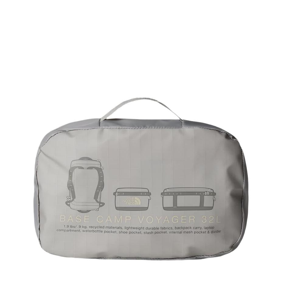 The North Face Voyager Duffel Backpack 32L Soapstone/Stone Slab - detail of daisy-chain webbing and water-resistant ID window