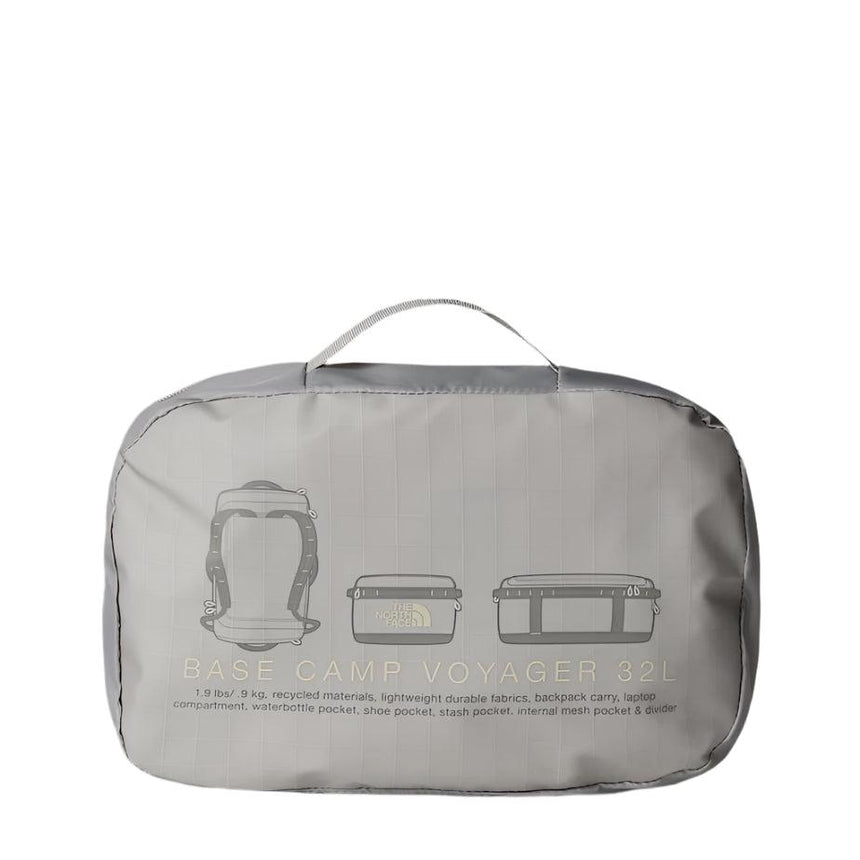The North Face Voyager Duffel Backpack 32L Soapstone/Stone Slab - detail of daisy-chain webbing and water-resistant ID window