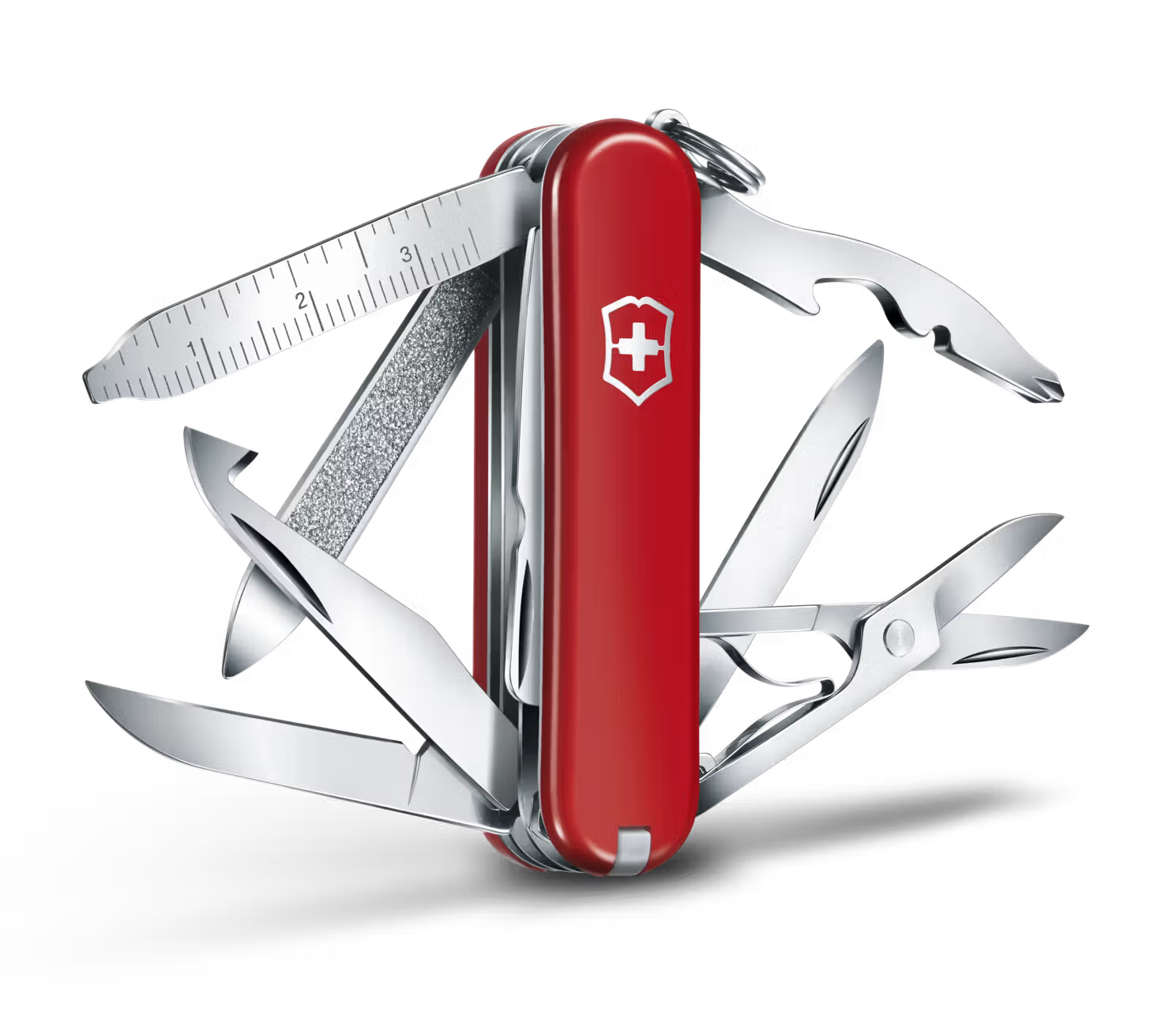 Red Swiss Army knife with multiple tools on a white background