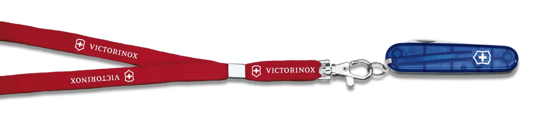 Victorinox Swiss Army knife with red lanyard on a white background