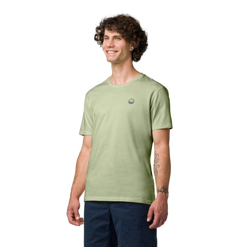 Wild Country Climbing Flow T-Shirt Man Outdoor Action Jade - Front Angled Fit on Model