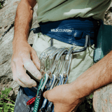 Wild Country Climbing Mosquito Pro Harness Navy - Side view of Attachment with Carabiners on Model