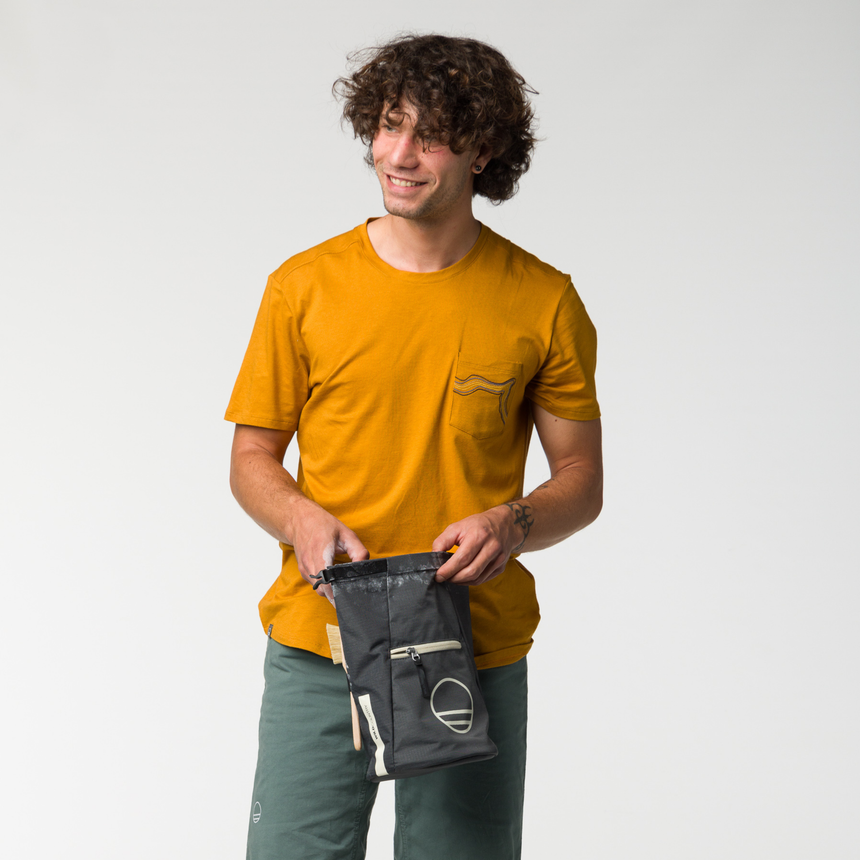 Wild Country Climbing Session Men's T-Shirt Joshua Brown - Model Front View Holding Chalk Bag
