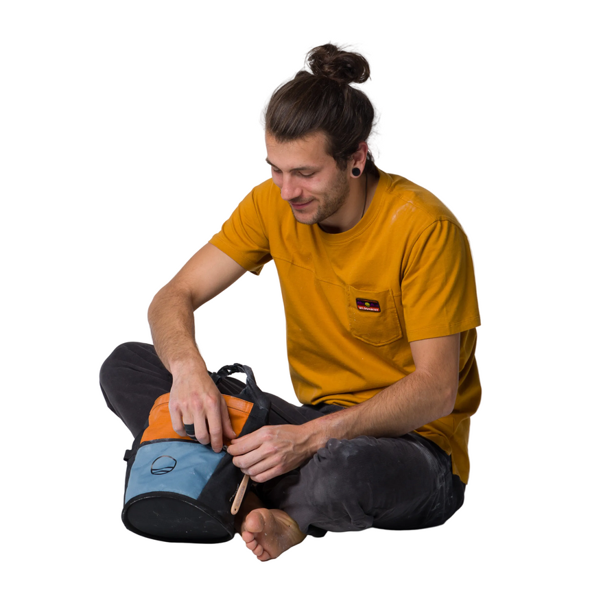 Wild Country Climbing Spotter T-Shirt Man Outdoor Action Joshua Brown - Classic crewneck fit model sitting 