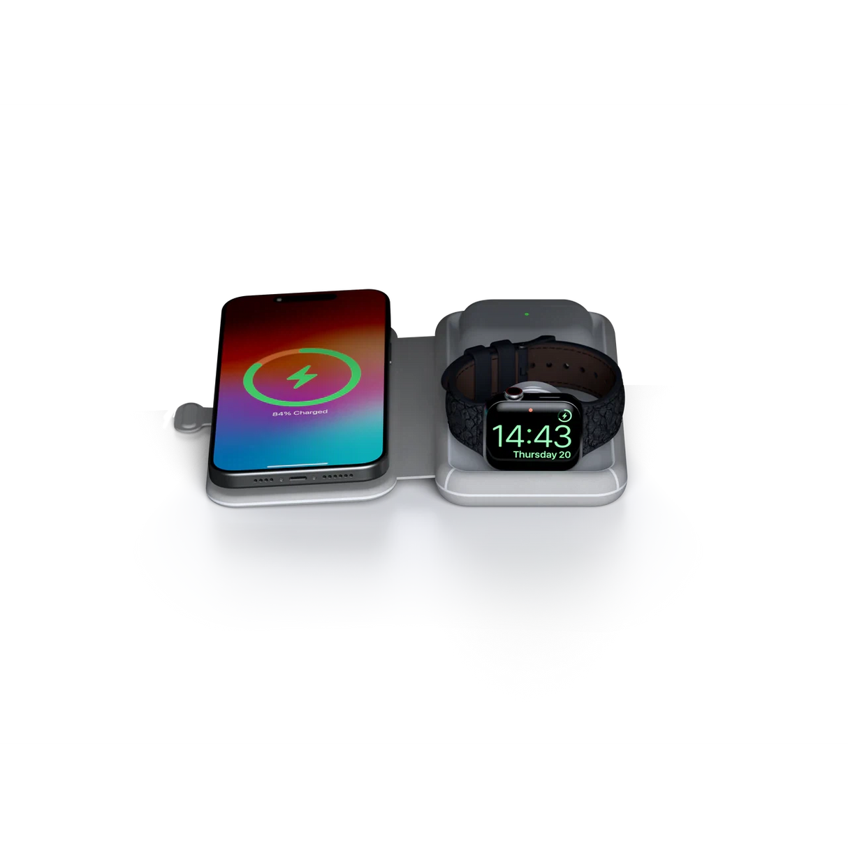 Xtorm Foldable Wireless Travel Charger 3-in-1 - Phone, Watch & Earphones Connected Front View