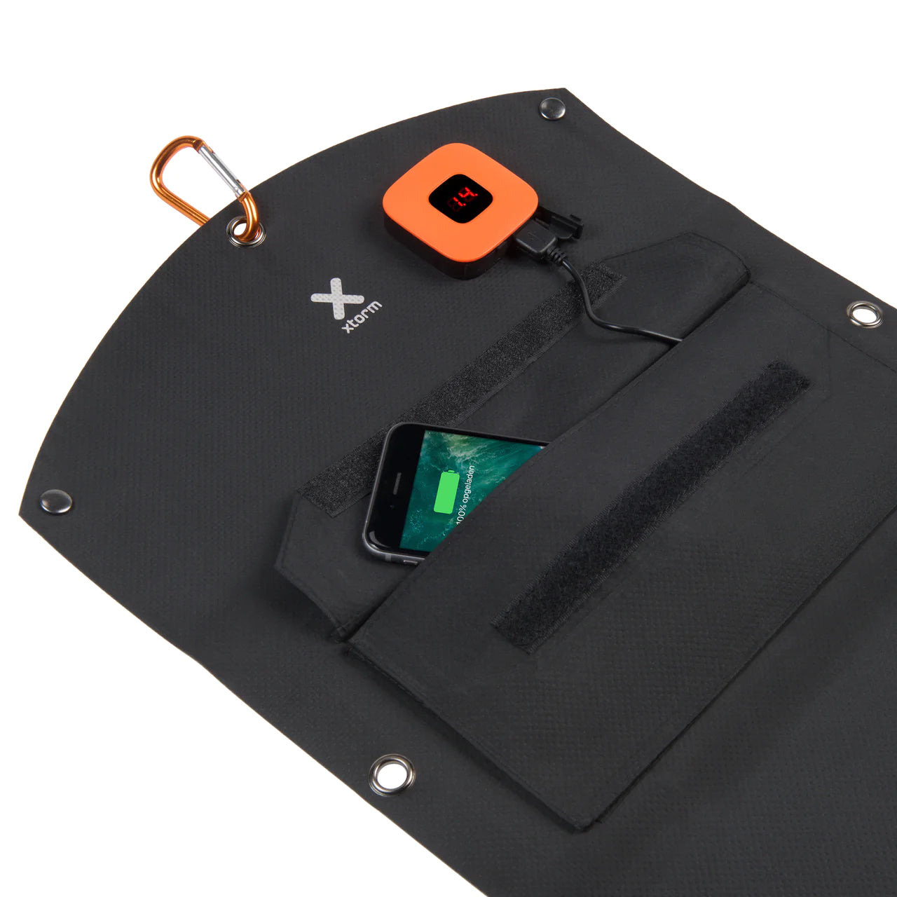 Xtorm SolarBooster 21W + Xtorm Rugged Power Bank 10.000 - Back View With Pocket & Hook