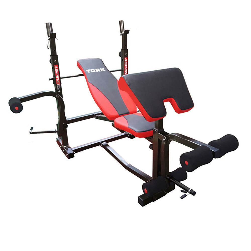 Red and black weight bench with adjustable components