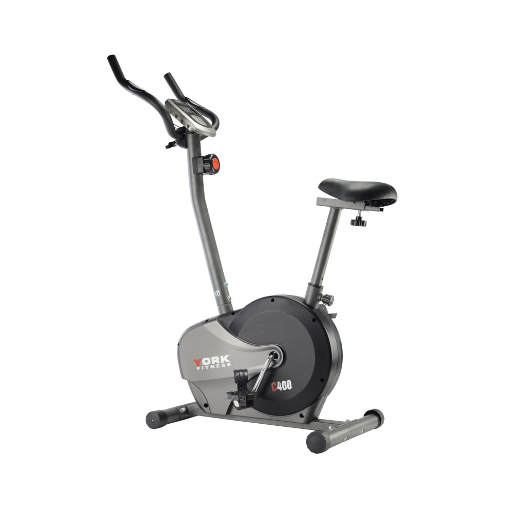 Gray exercise bike with 'York Fitness' branding on a white background