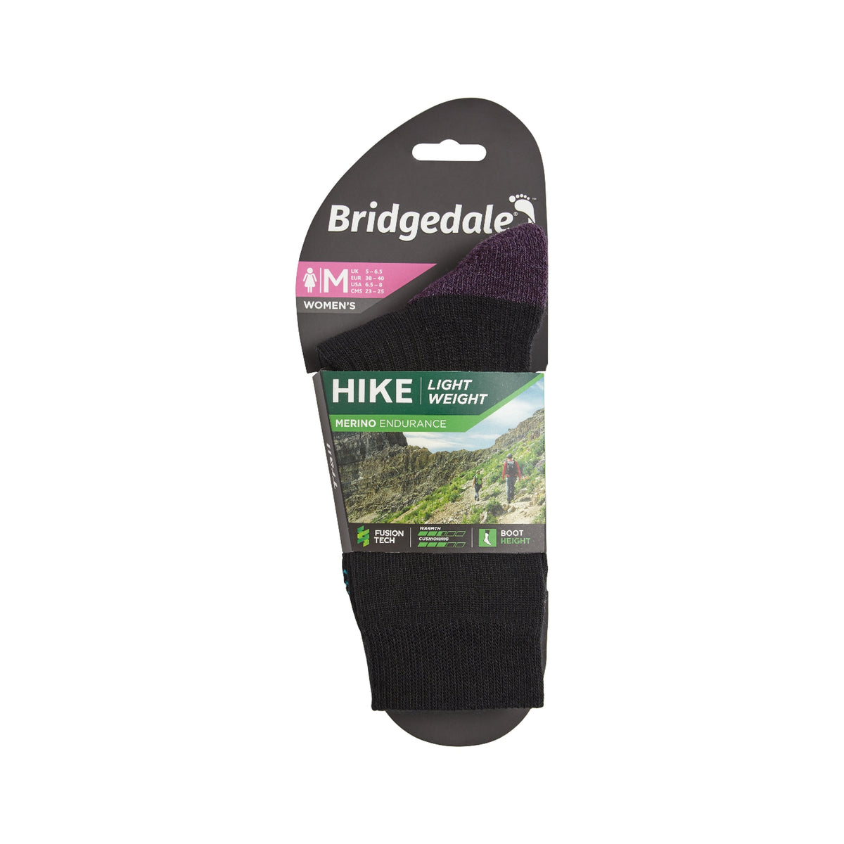 Bridgedale Women's Hike Lightweight Merino Performance Boot Socks in Black/Purple, alternate view 3