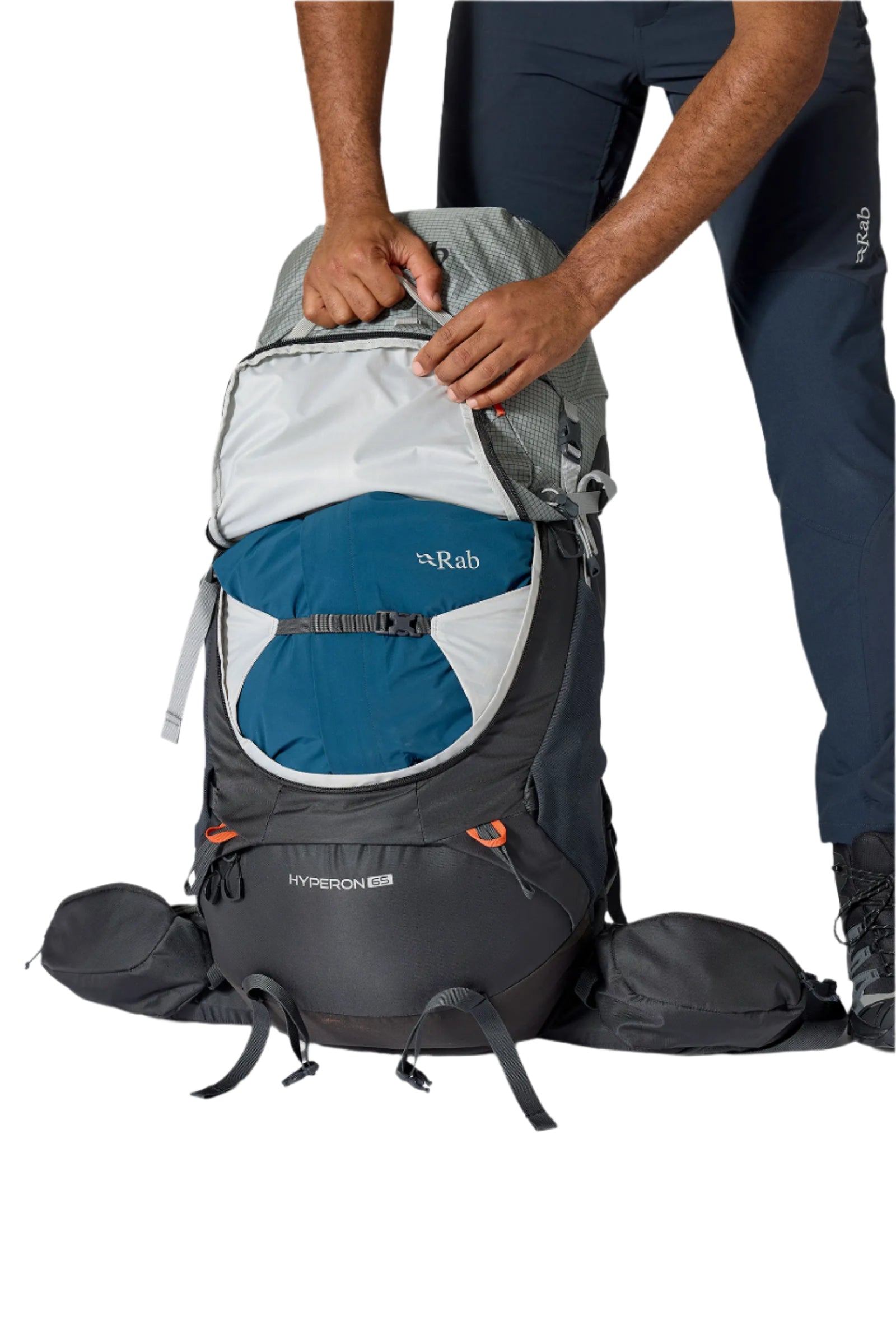 Rab Hyperon 65L Trekking Pack in Dark Pewter/Anthracite - top lid open, worn