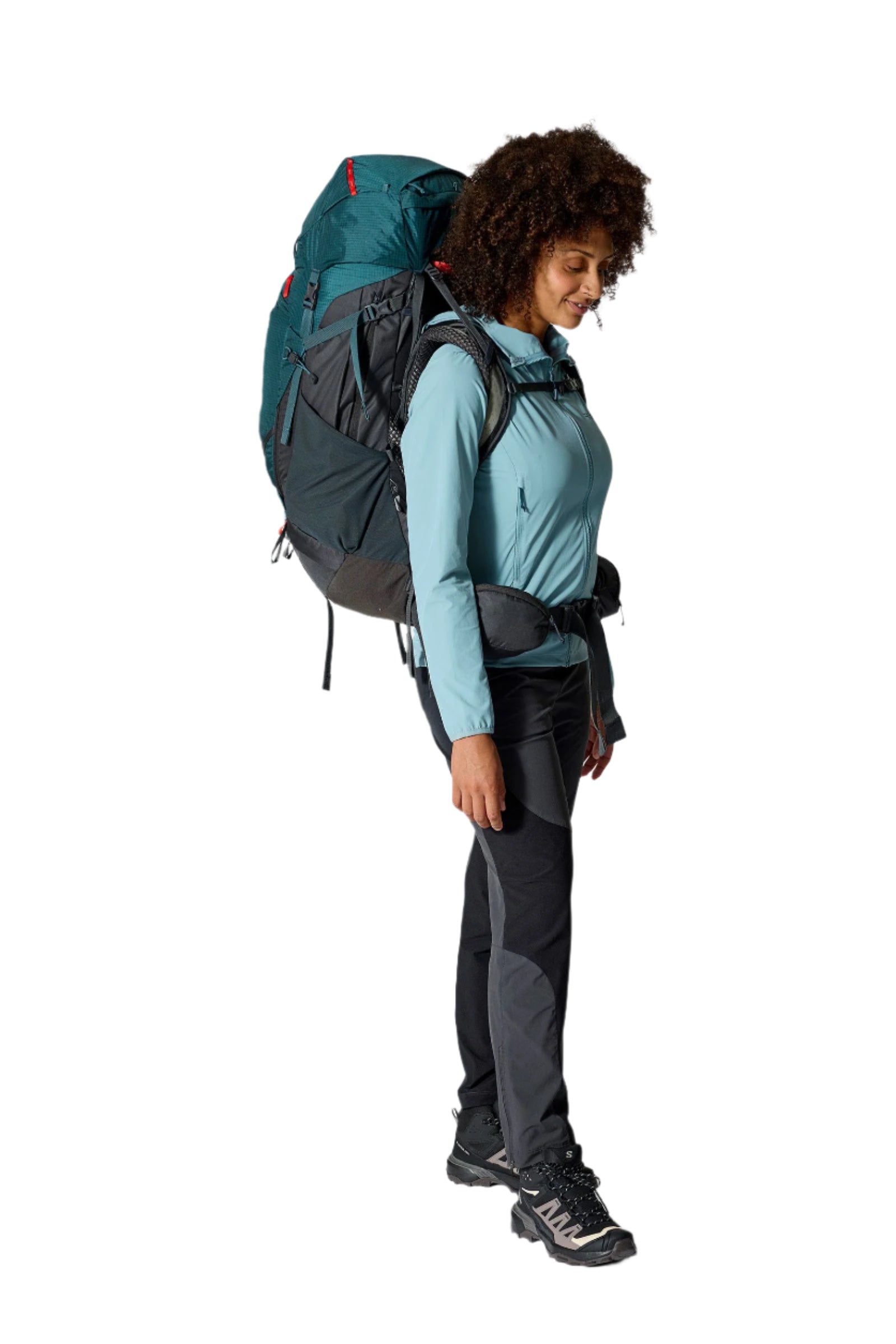Rab Women's Hyperon ND65L Trekking Pack in Orion Blue/Anthracite - side view, worn