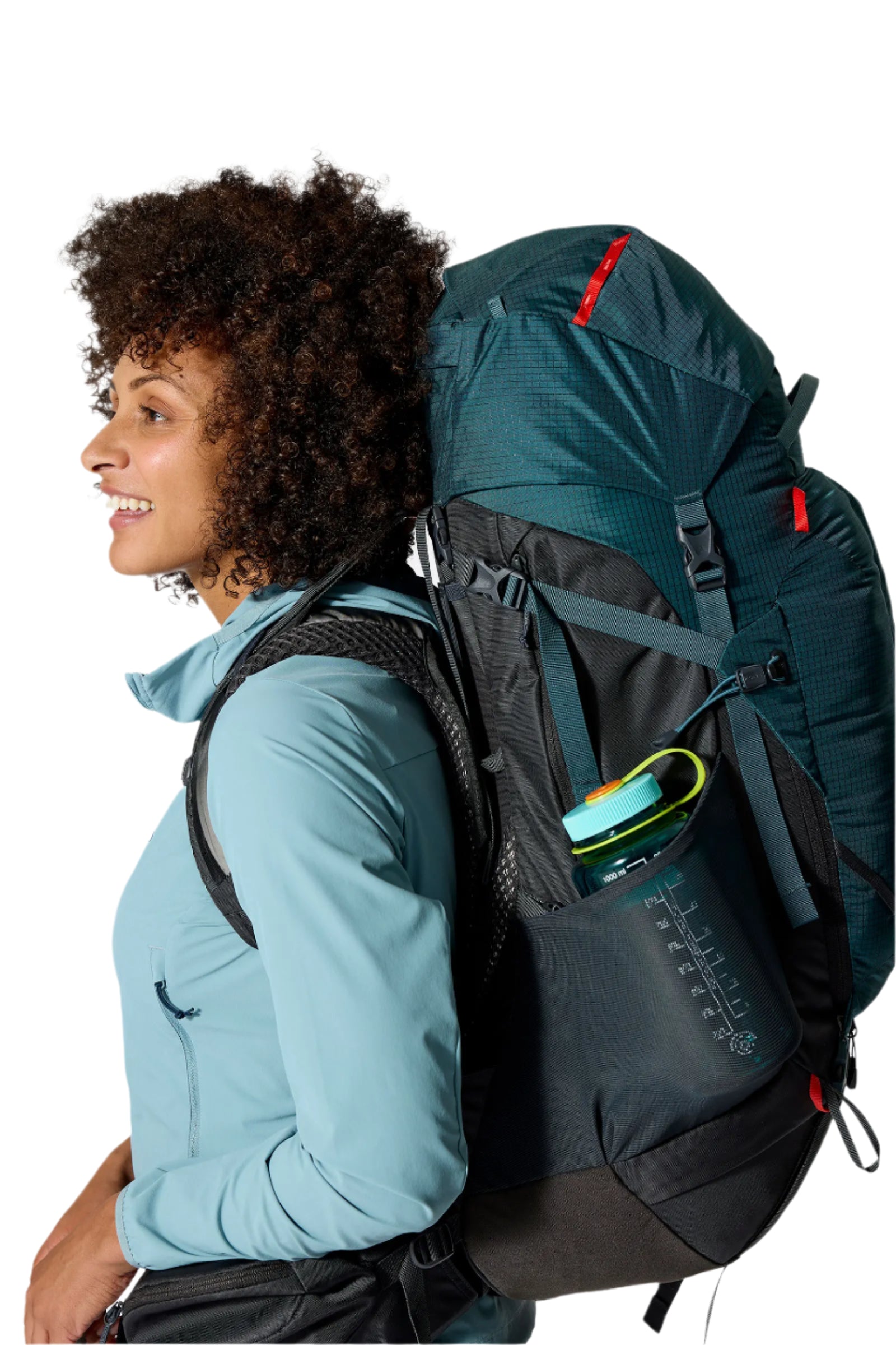 Rab Women's Hyperon ND65L Trekking Pack in Orion Blue/Anthracite - side profile, worn