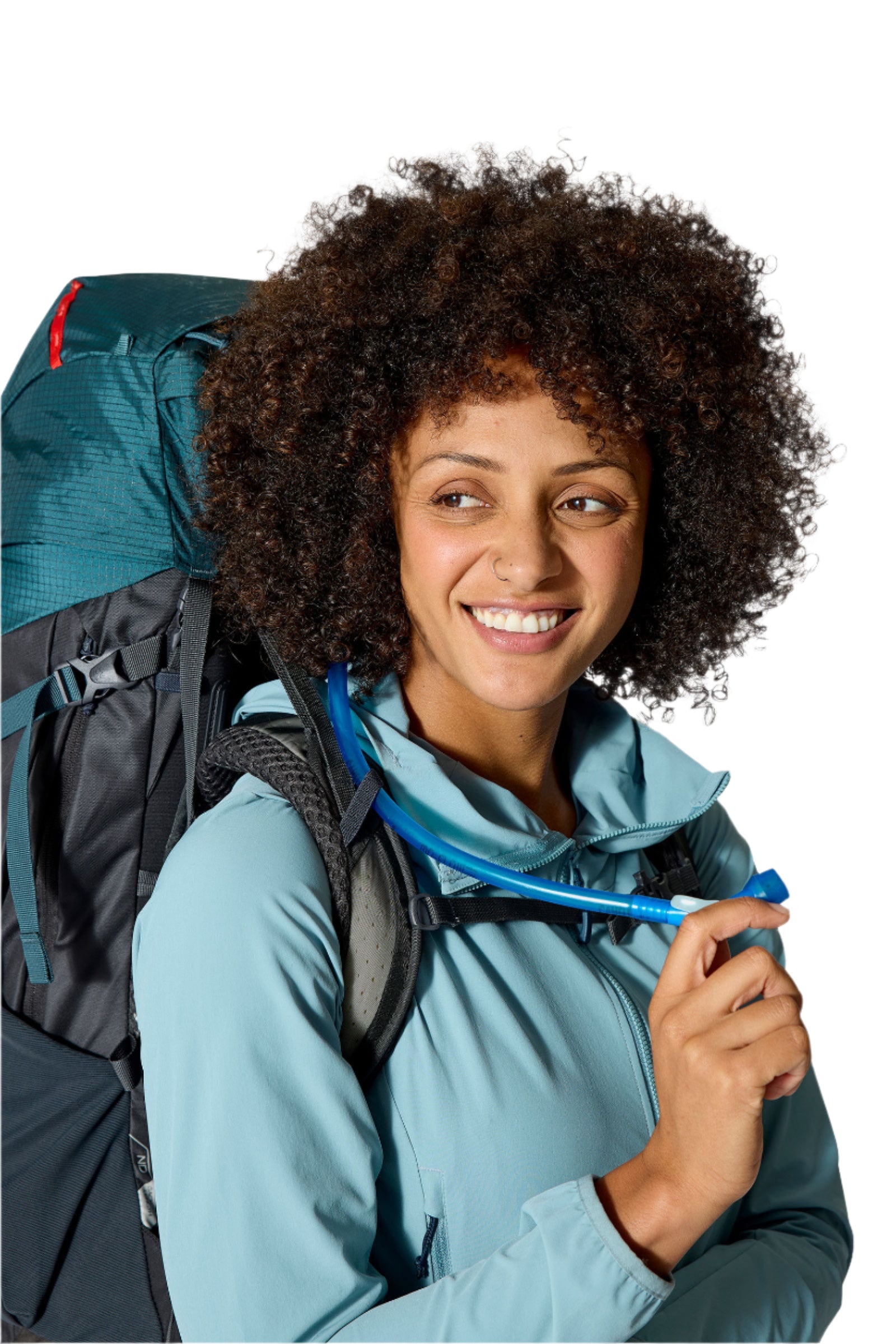 Rab Women's Hyperon ND65L Trekking Pack in Orion Blue/Anthracite - hydration hose, worn
