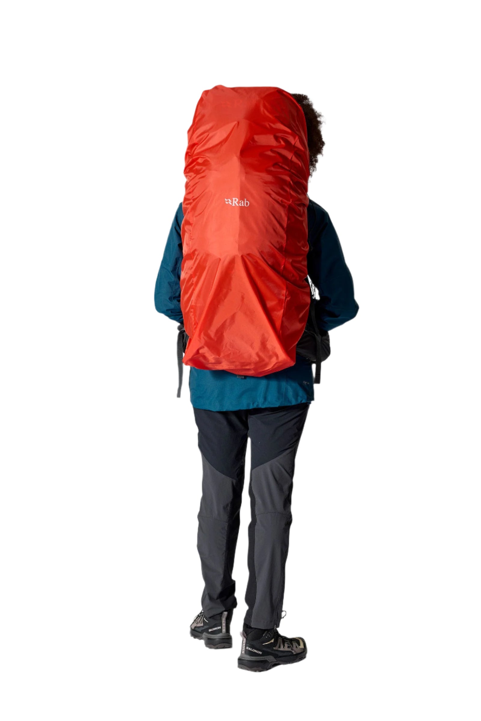 Rab Women's Hyperon ND65L Trekking Pack in Orion Blue/Anthracite - rear view with rain cover, worn