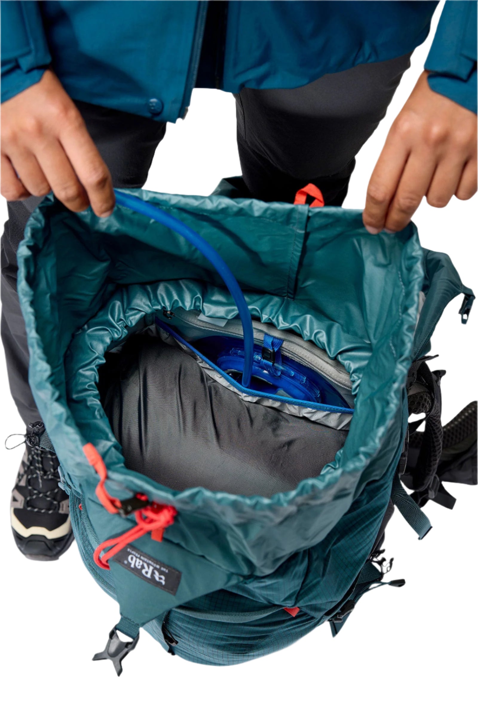 Rab Women's Hyperon ND65L Trekking Pack in Orion Blue/Anthracite - main compartment with hydration bladder