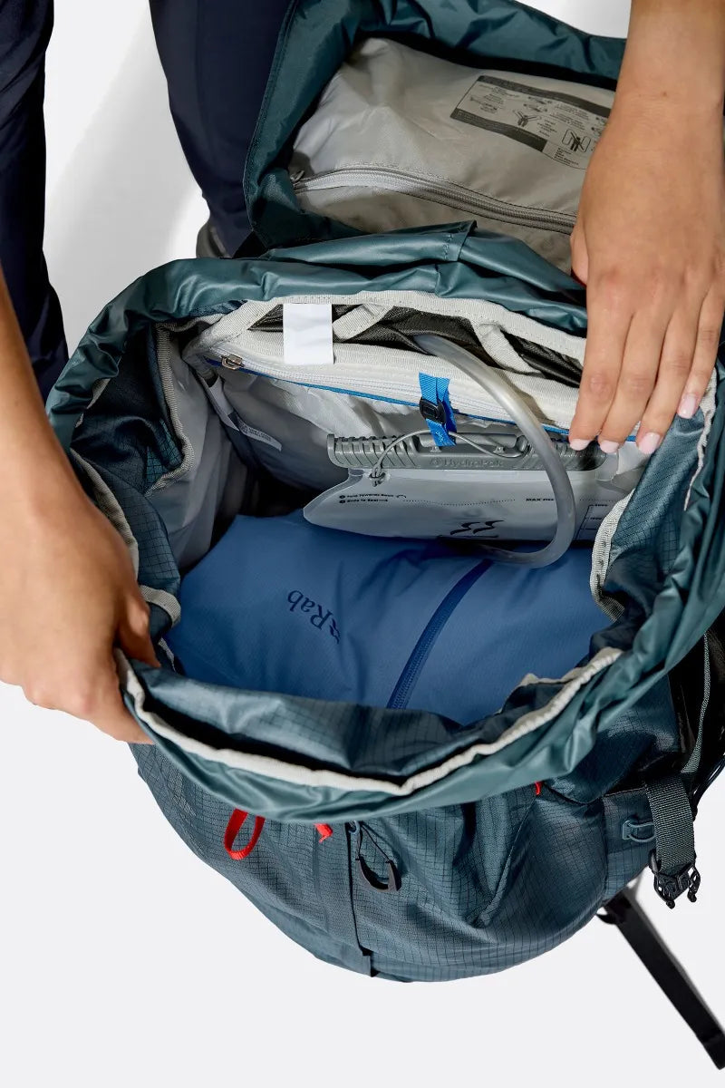 Rab Women's Hyperon ND80L Trekking Pack in Orion Blue/Anthracite - main compartment, worn