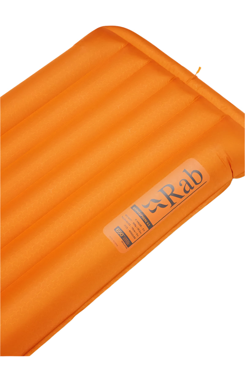 Rab Hypersphere 9.5 Down Sleeping Mat in Marmalade - angle, logo detail