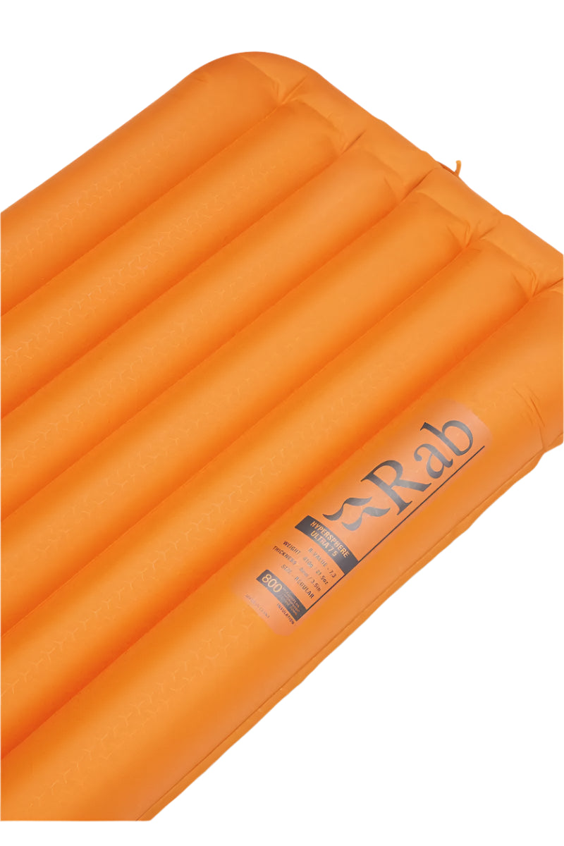 Rab Hypersphere Ultra 7.5 Down Sleeping Mat in Marmalade - angle, logo detail