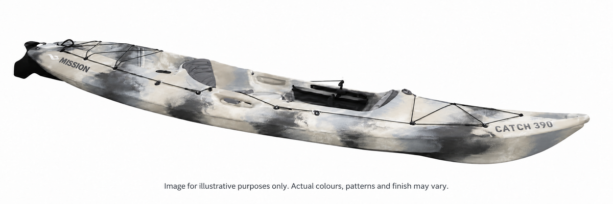 Mission CATCH 390 kayak in Sand Camo, full kayak colour illustration. Image for illustrative purposes only. Actual colours, patterns and finish may vary.