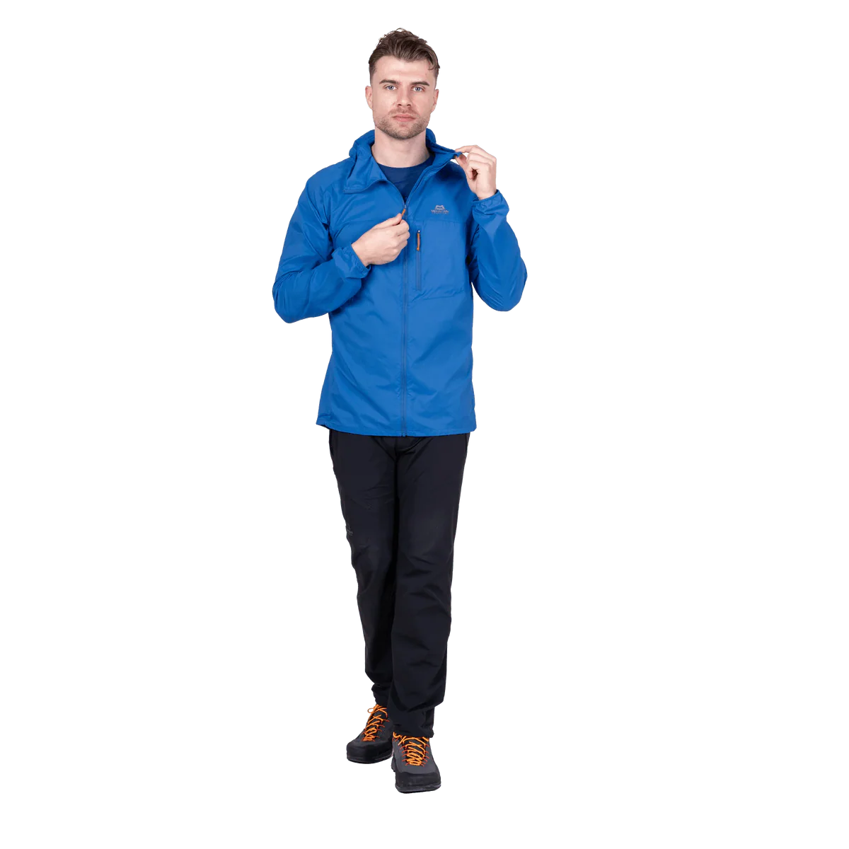 Mountain Equipment Aerofoil Hooded Men's Jacket in Atlantic Blue - back view showing articulated pre-shaped sleeves
