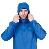 Zipped chest pocket detail on Mountain Equipment Aerofoil Hooded Men's Jacket in Atlantic Blue doubling as stuff sack with twin karabiner carry loops