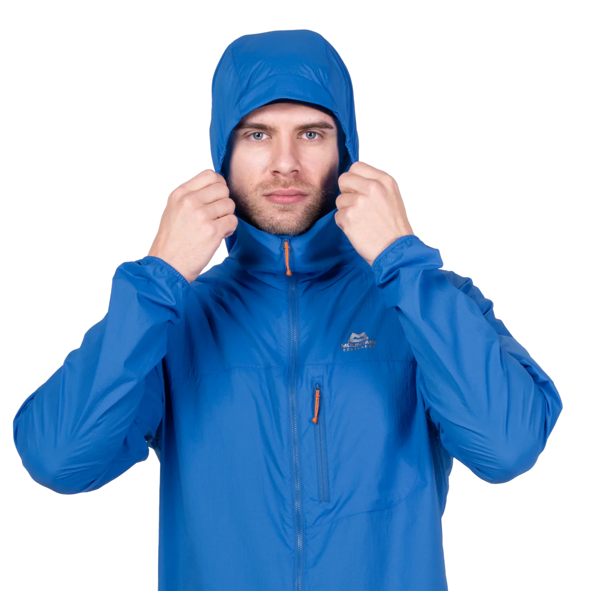Zipped chest pocket detail on Mountain Equipment Aerofoil Hooded Men's Jacket in Atlantic Blue doubling as stuff sack with twin karabiner carry loops