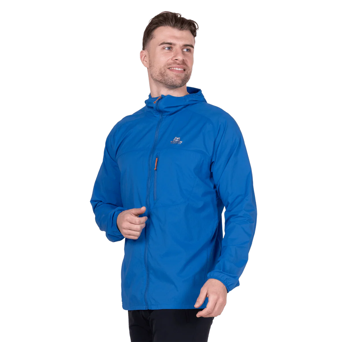 YKK moulded centre front zip detail on Mountain Equipment Aerofoil Hooded Men's Jacket in Atlantic Blue