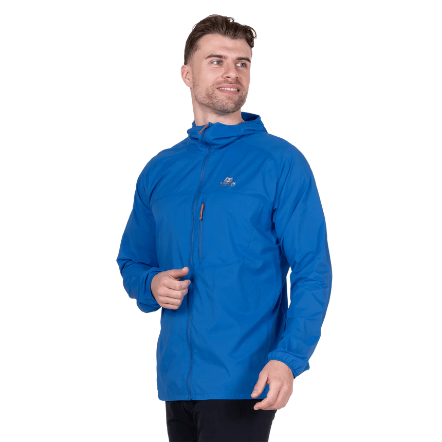 YKK moulded centre front zip detail on Mountain Equipment Aerofoil Hooded Men's Jacket in Atlantic Blue