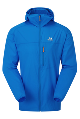 Mountain Equipment Aerofoil Hooded Men's Jacket in Atlantic Blue - front view showing EXOLITE 45 softshell fabric and active fit