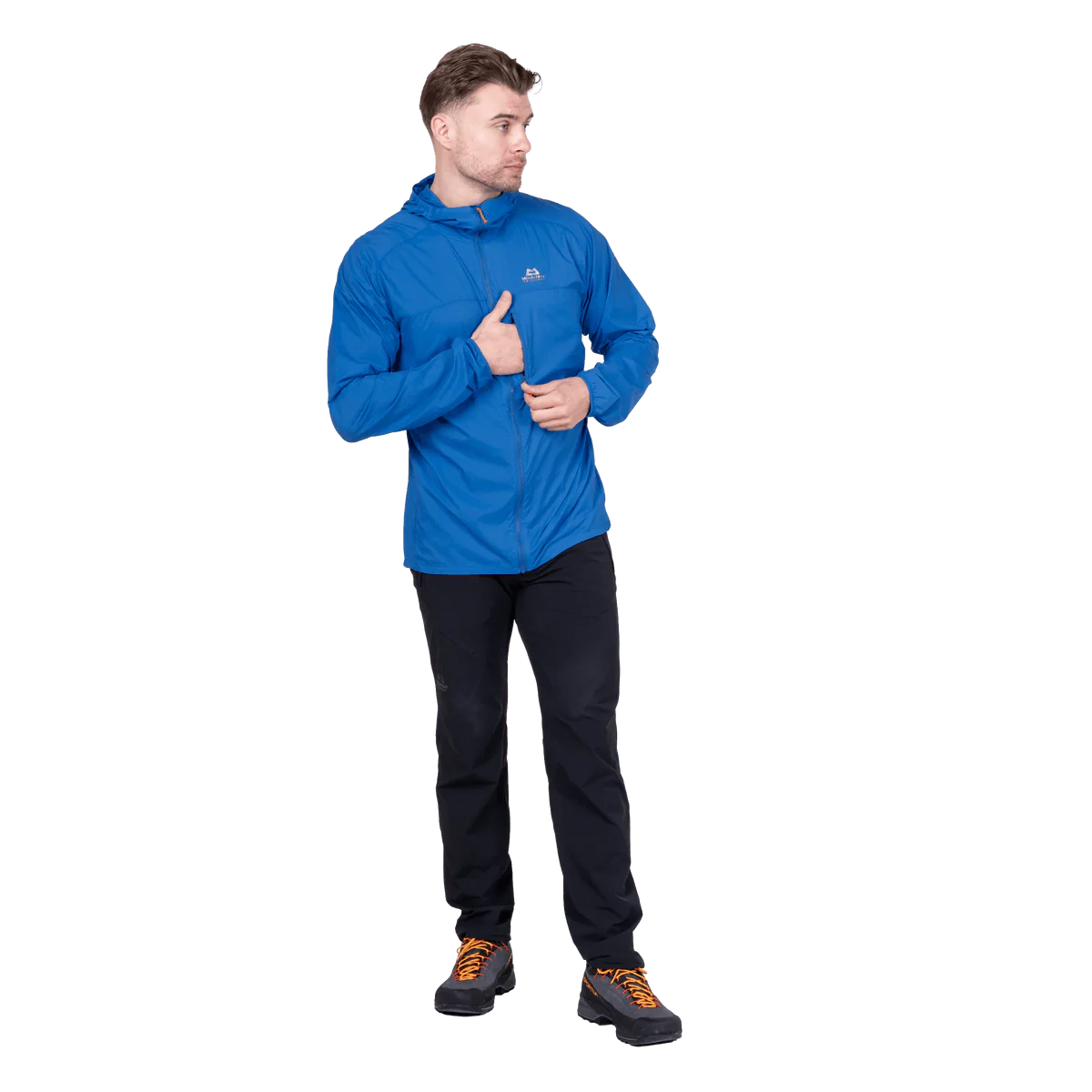 Mountain Equipment Aerofoil Hooded Men's Jacket in Atlantic Blue - hood up showing elastane-bound hood with rear adjustment