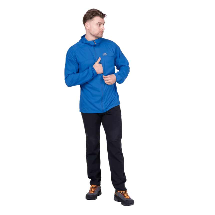 Mountain Equipment Aerofoil Hooded Men's Jacket in Atlantic Blue - hood up showing elastane-bound hood with rear adjustment