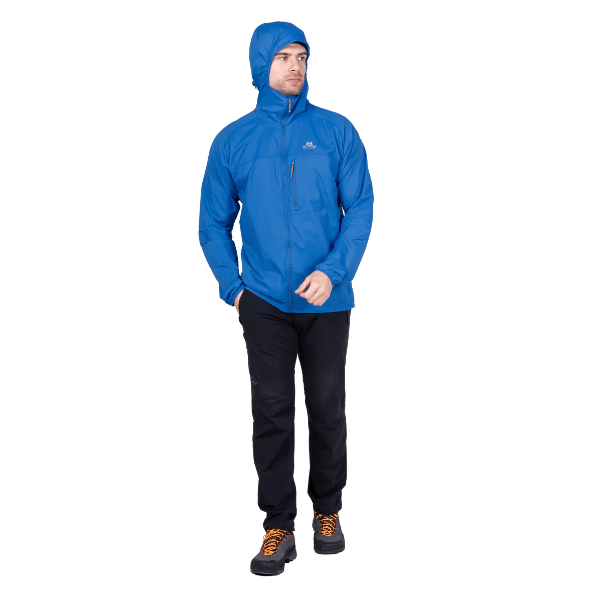 Mountain Equipment Aerofoil Hooded Men's Jacket in Atlantic Blue - hood rolled away showing clean neckline