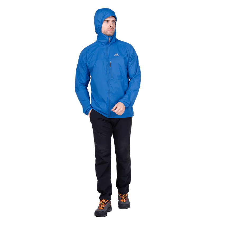 Mountain Equipment Aerofoil Hooded Men's Jacket in Atlantic Blue - hood rolled away showing clean neckline