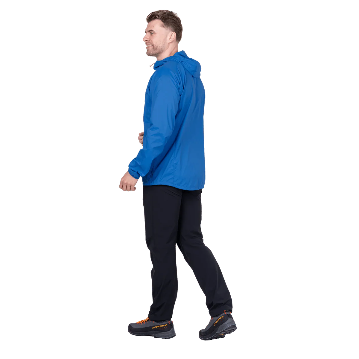 Mountain Equipment Aerofoil Hooded Men's Jacket in Atlantic Blue - side view showing active fit and adjustable hem drawcord