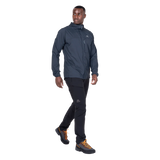 Mountain Equipment Aerofoil Hooded Men's Jacket in Blue Nights - back view showing articulated pre-shaped sleeves