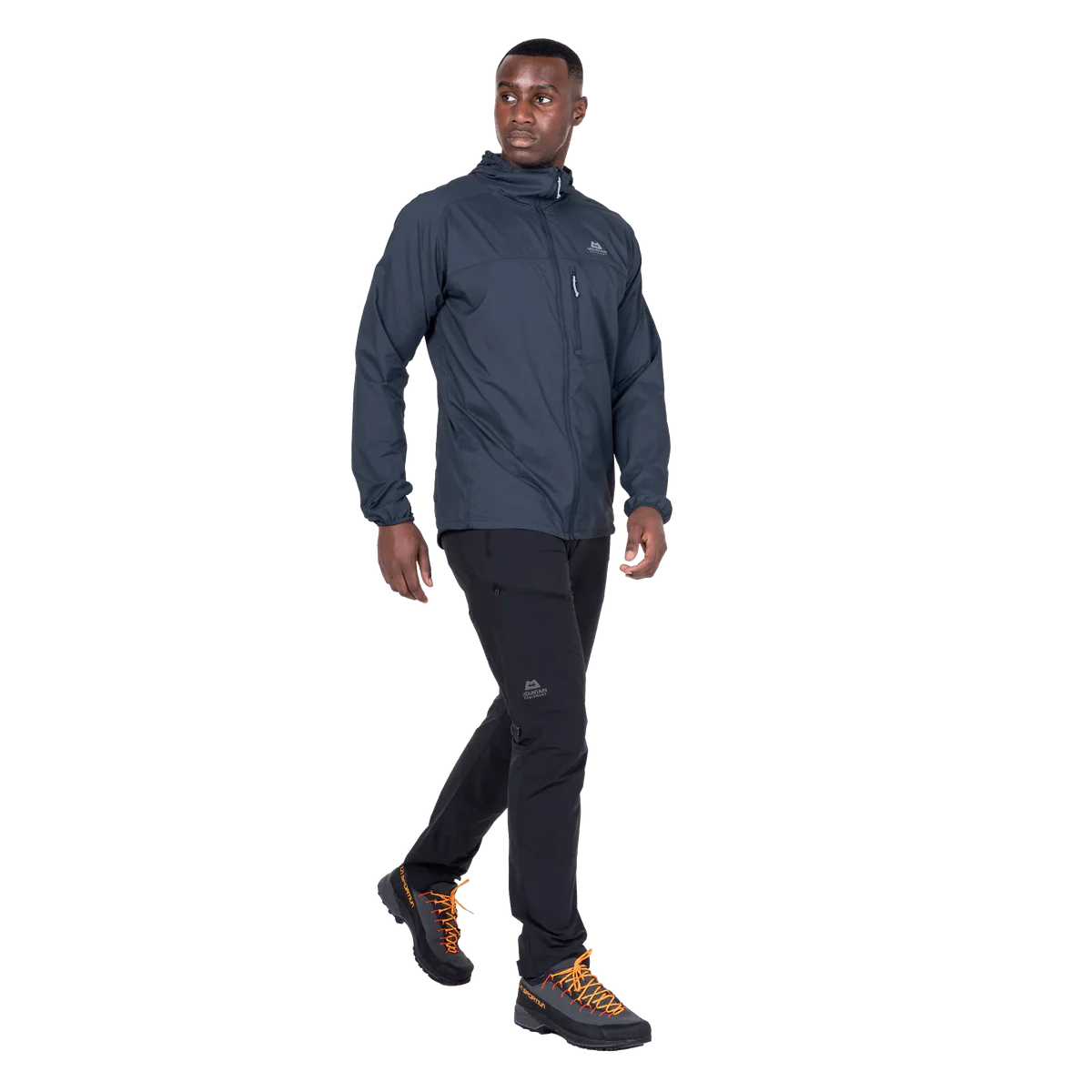 Mountain Equipment Aerofoil Hooded Men's Jacket in Blue Nights - back view showing articulated pre-shaped sleeves