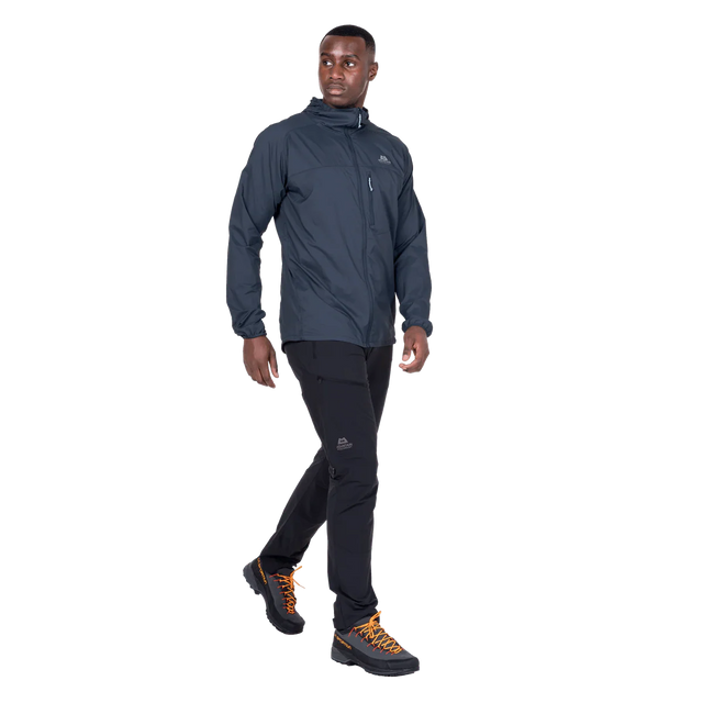 Mountain Equipment Aerofoil Hooded Men's Jacket in Blue Nights - back view showing articulated pre-shaped sleeves