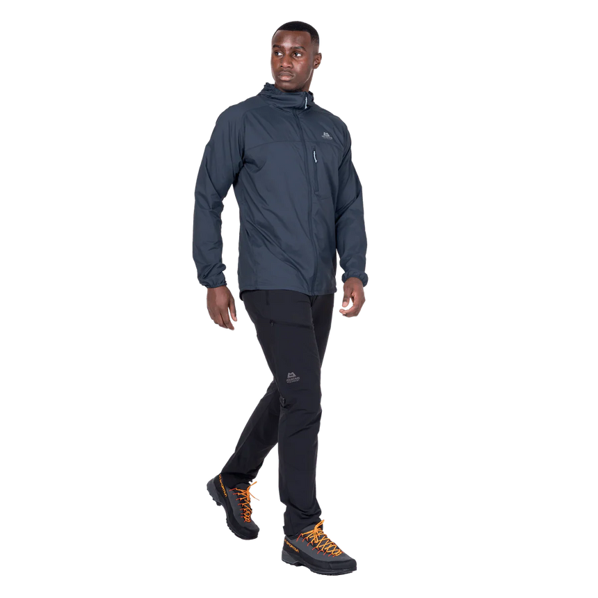 Mountain Equipment Aerofoil Hooded Men's Jacket in Blue Nights - back view showing articulated pre-shaped sleeves