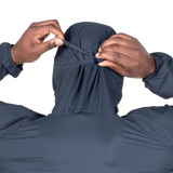 YKK moulded centre front zip detail on Mountain Equipment Aerofoil Hooded Men's Jacket in Blue Nights