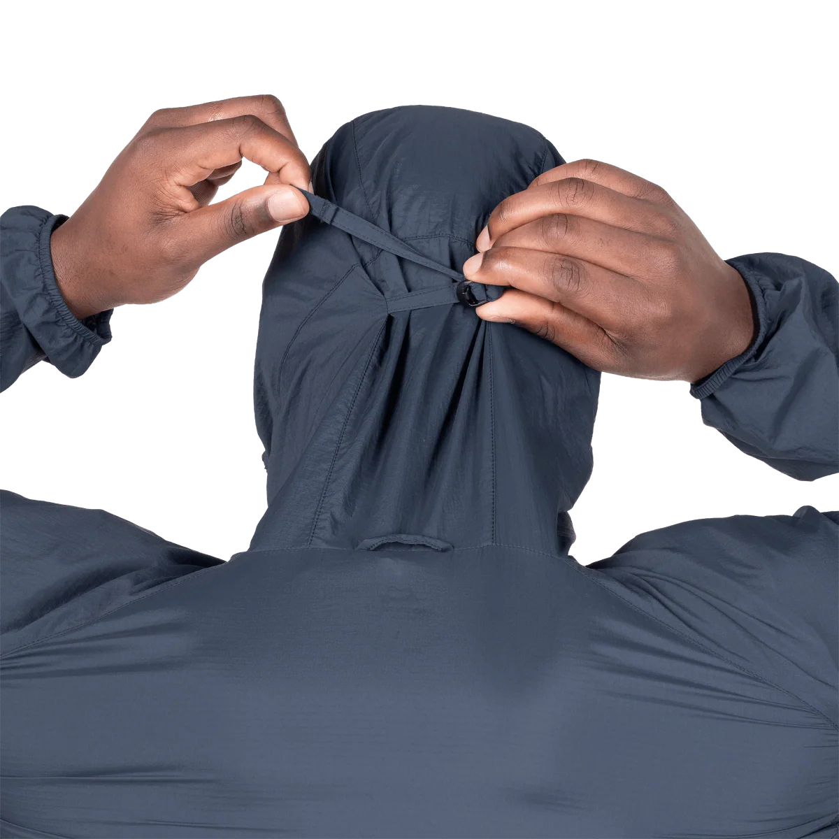 YKK moulded centre front zip detail on Mountain Equipment Aerofoil Hooded Men's Jacket in Blue Nights
