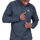 Mountain Equipment Aerofoil Hooded Men's Jacket in Blue Nights - hood up showing elastane-bound hood with rear adjustment