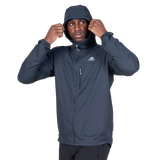 Mountain Equipment Aerofoil Hooded Men's Jacket in Blue Nights - hood rolled away showing clean neckline