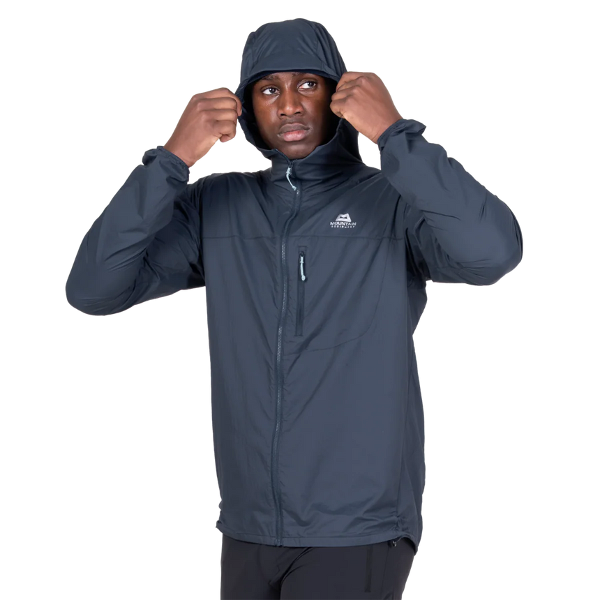 Mountain Equipment Aerofoil Hooded Men's Jacket in Blue Nights - hood rolled away showing clean neckline