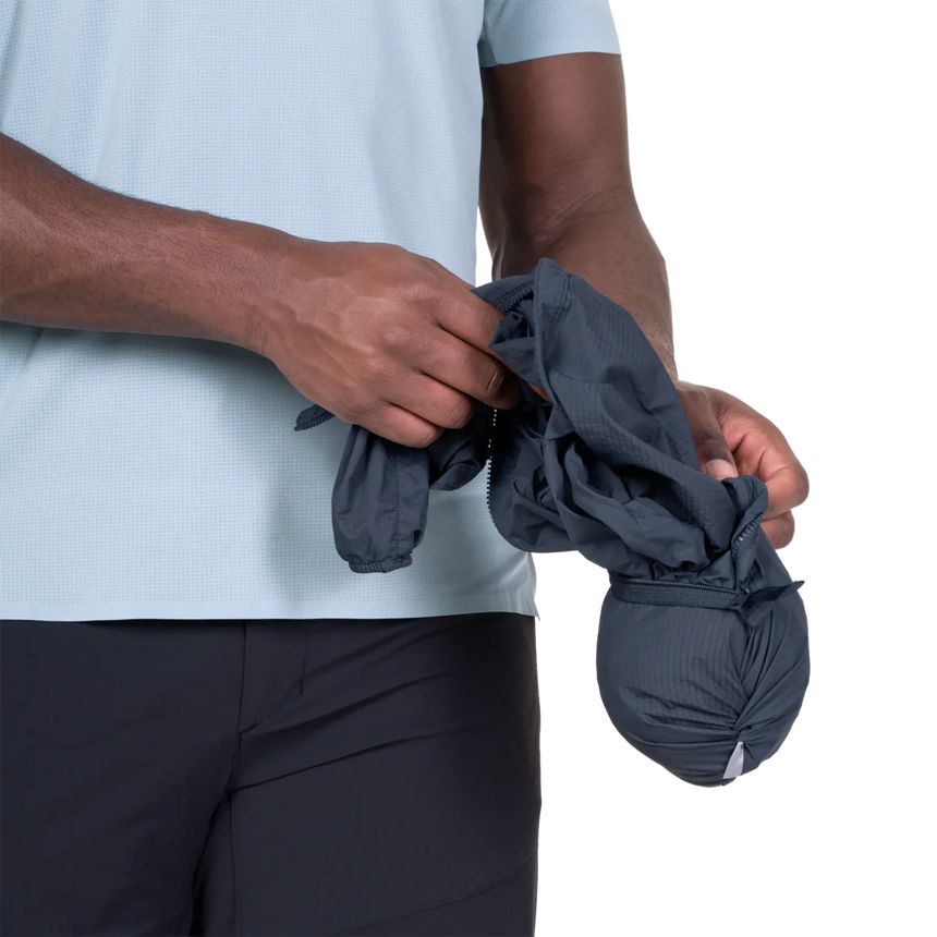 Mountain Equipment Aerofoil Hooded Men's Jacket in Blue Nights - packed into chest pocket showing twin karabiner carry loops